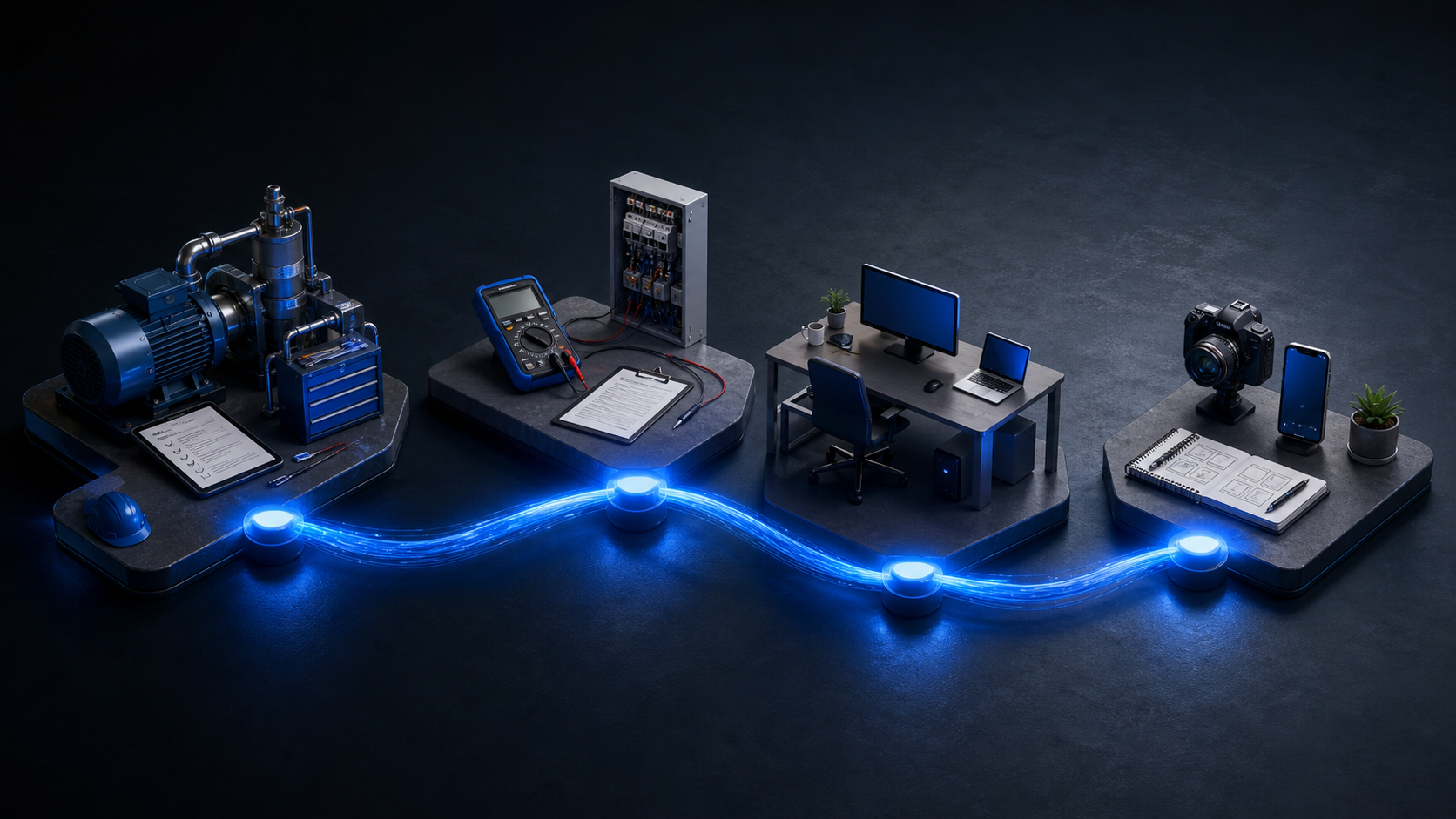 Industrial work, inspection, office systems and customer communication connected by one blue operational thread