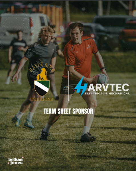 Harvtec team sheet sponsor artwork for Hayle RFC The Lions
