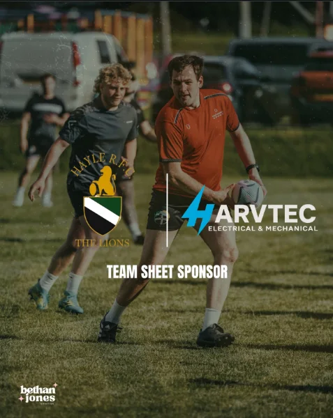 Harvtec team sheet sponsor artwork for Hayle RFC The Lions