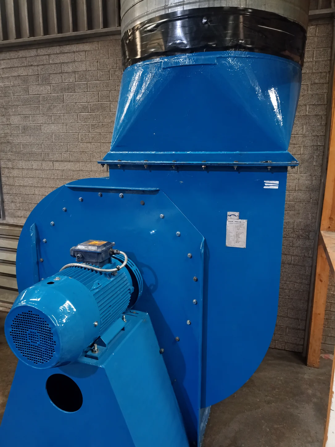 Refurbished blue hot air mover with its motor and repaired square-to-round transition