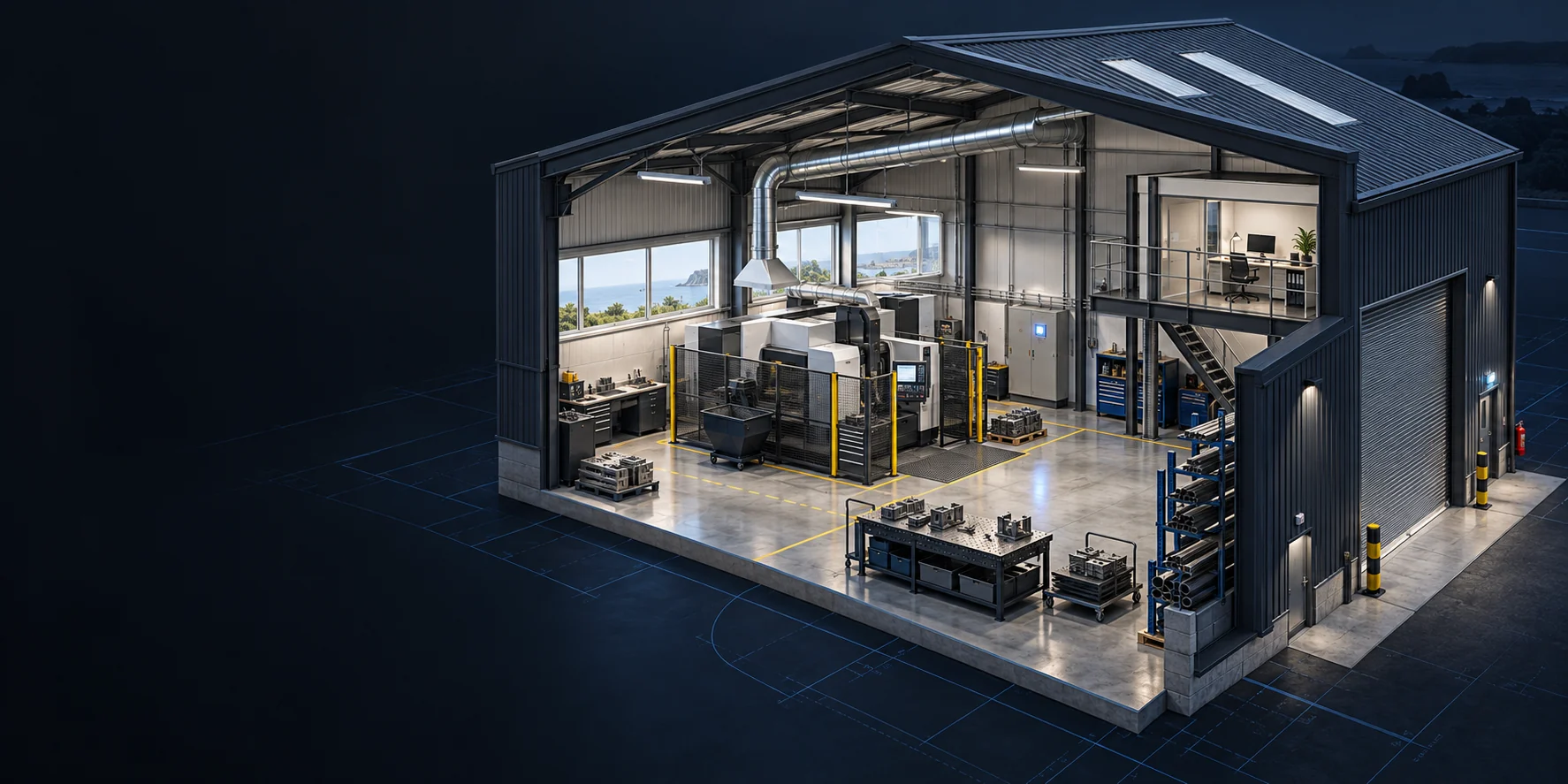 Illustrative cutaway of an industrial workshop connecting equipment, safety checks, maintenance and compliance records
