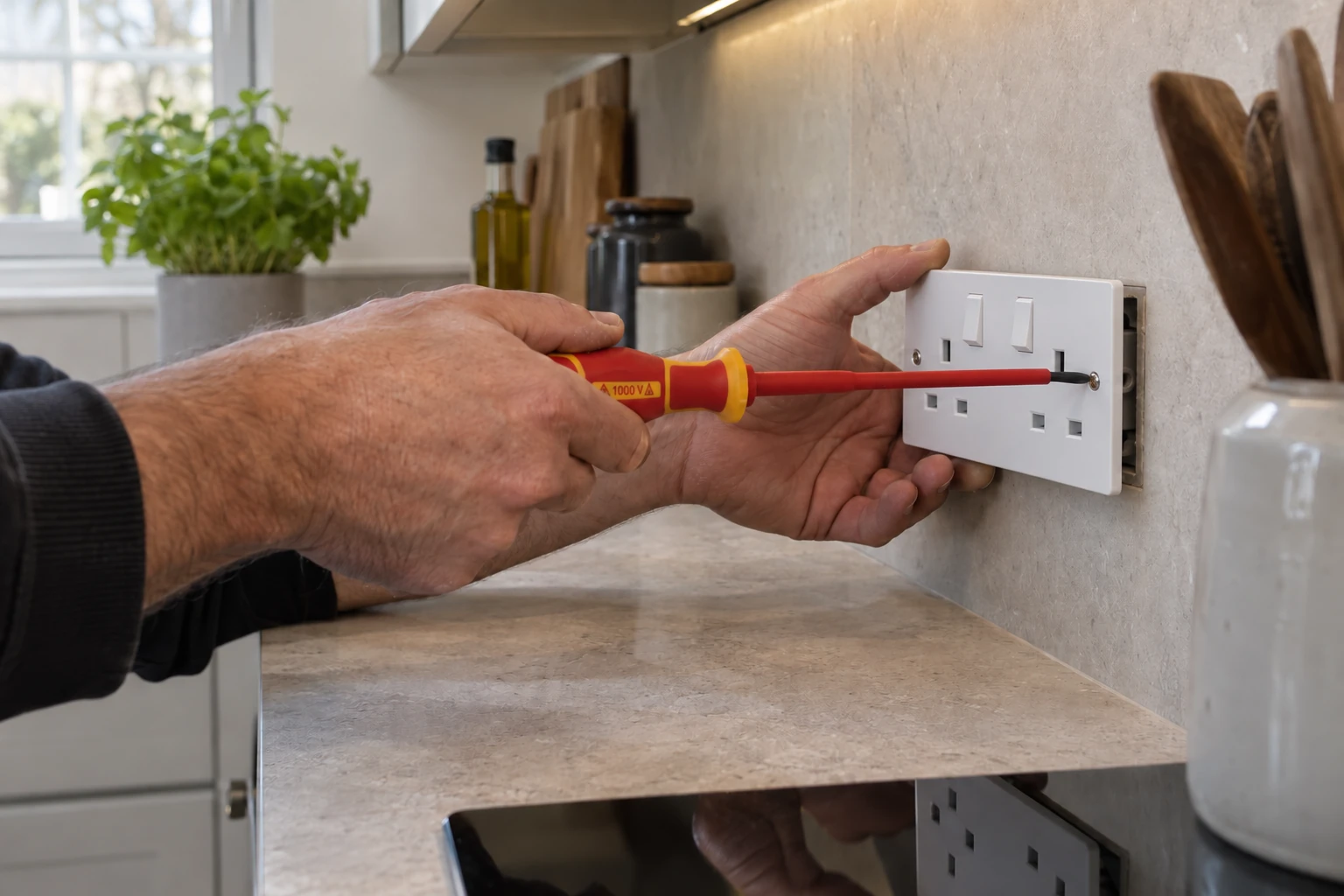 Illustrative domestic kitchen scene showing an electrician's hands fitting a socket with a 1000V insulated screwdriver